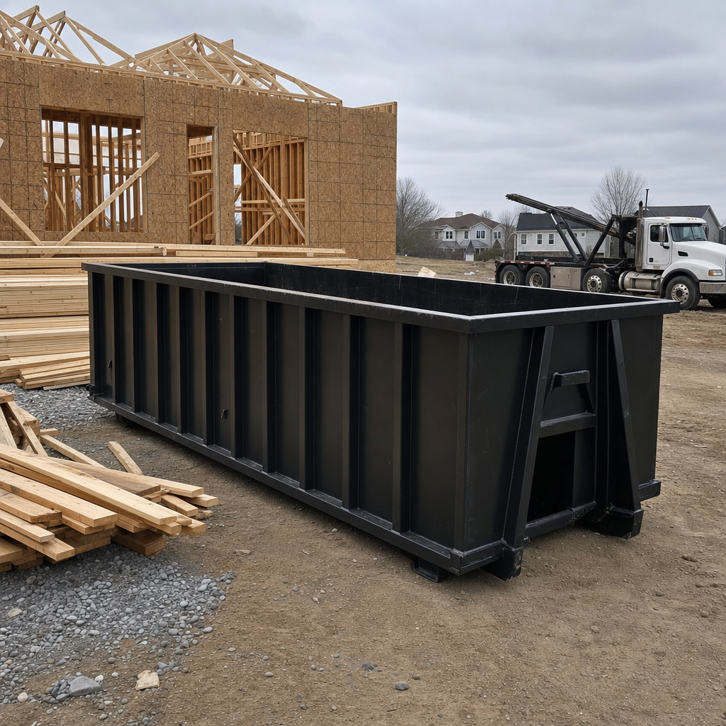 Matte-black 40-yard roll-off dumpster staged on a framed-out residential construction site in Bolingbrook, framing lumber stacked nearby, hooklift delivery truck visible in the background under bright Colorado daylight
