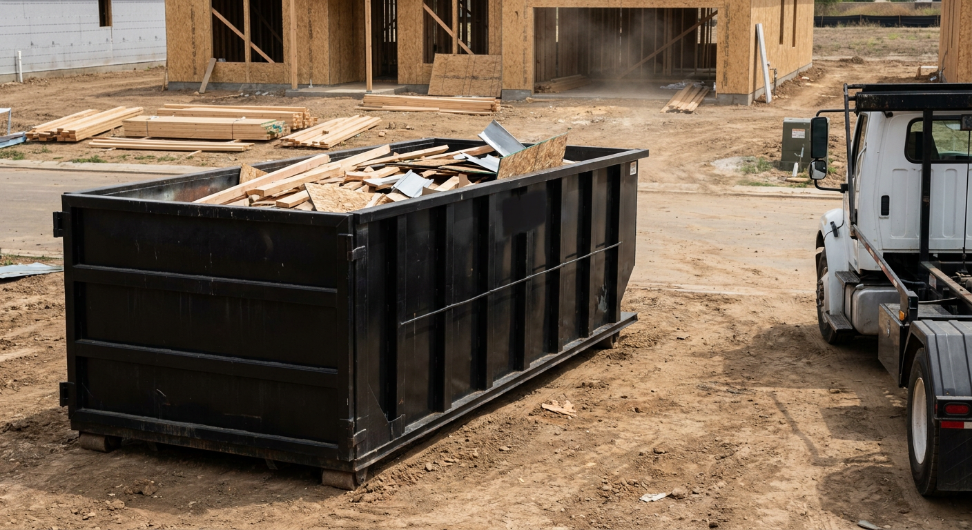 Matte-black 20-yard roll-off construction dumpster with heavy ribbed steel sidewalls and swing rear doors at a working jobsite in Bolingbrook, sitting directly on compacted dirt with an unmarked white hauler partially visible at the far edge of the frame.