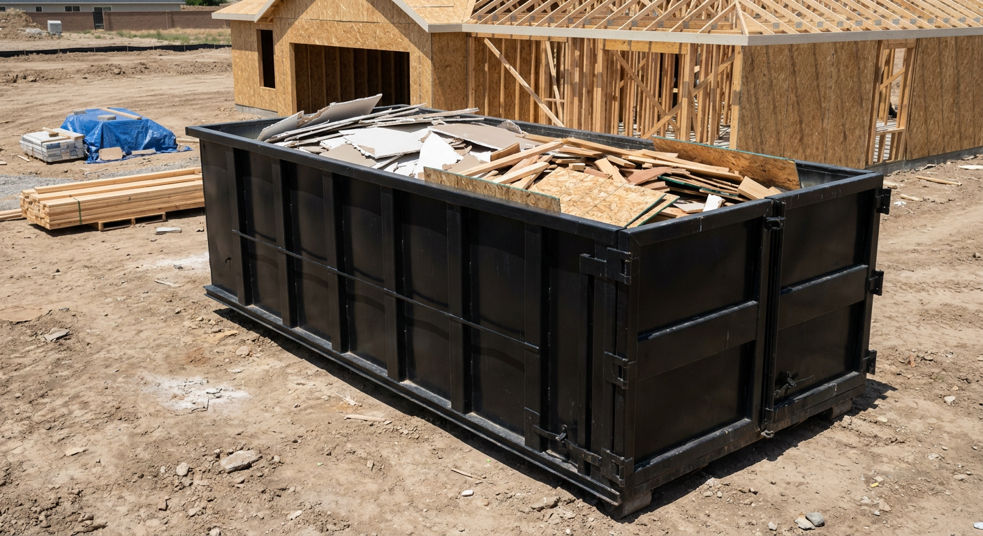 Matte-black 30-yard roll-off construction dumpster sitting directly on the compacted-dirt site of a framed single-family home build in Bolingbrook, drywall and lumber scrap loaded inside.