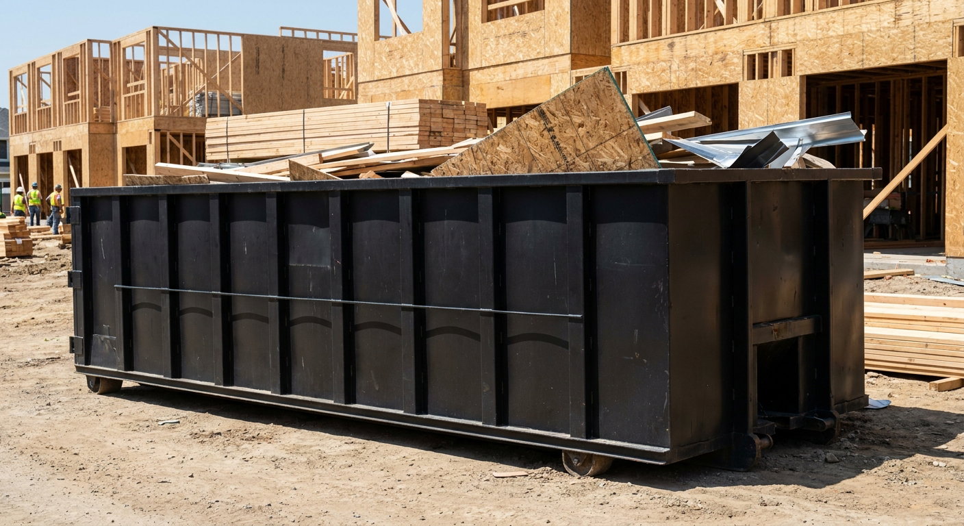 Matte-black 40-yard roll-off construction dumpster being lowered from a white-cab hooklift delivery truck onto the compacted-dirt jobsite at a commercial build site in Bolingbrook