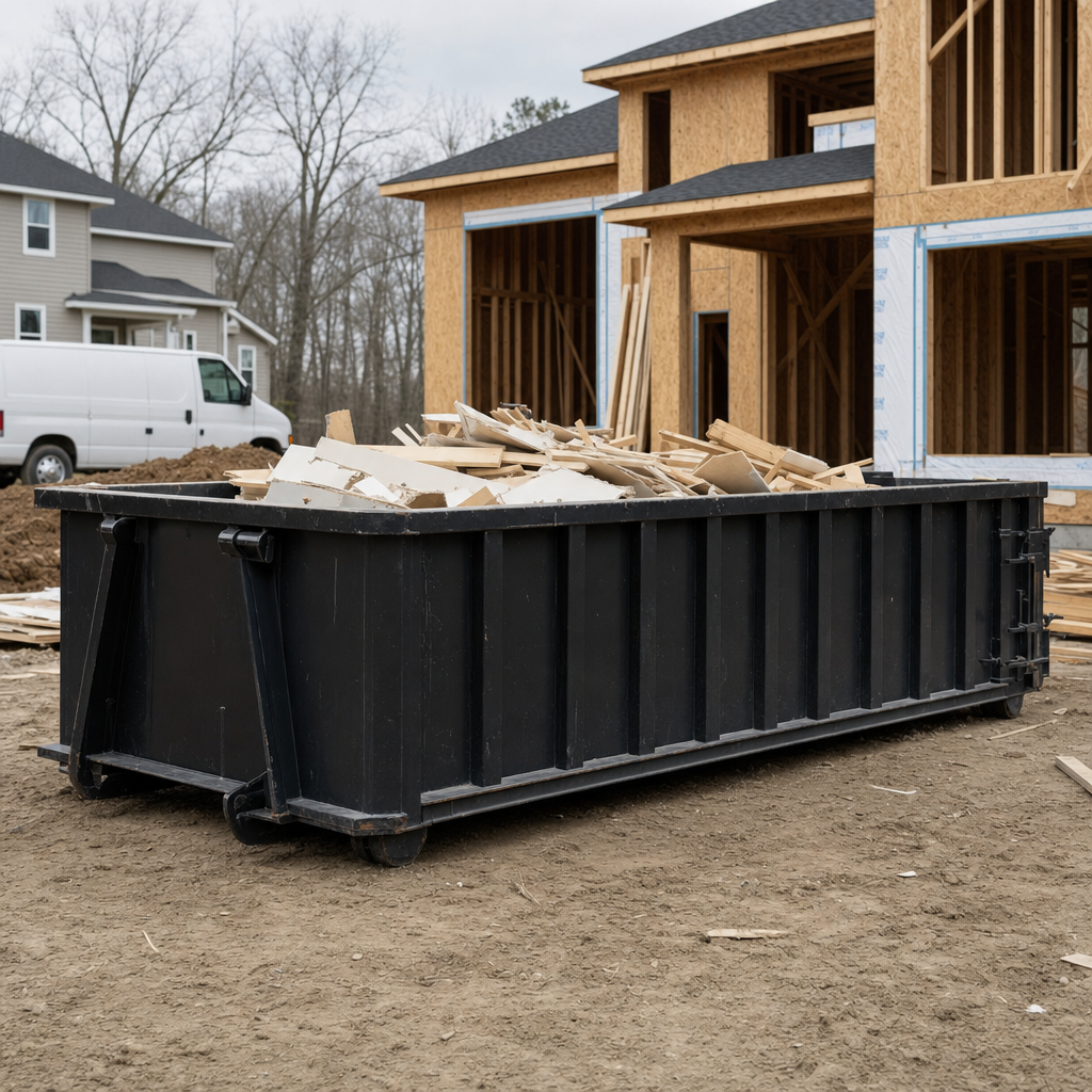 Worker in a yellow high-visibility vest tossing framing lumber and broken drywall into a matte-black 30-yard construction roll-off dumpster on an active build site in Bolingbrook, bright daylight