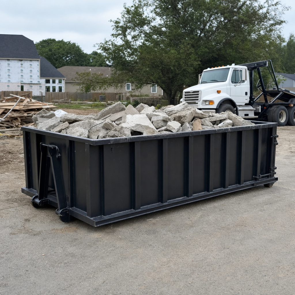 Low-profile matte-black lowboy roll-off dumpster loaded with broken concrete slab and rebar at a foundation tear-out in Bolingbrook, skid steer parked beside it, sunny Colorado morning