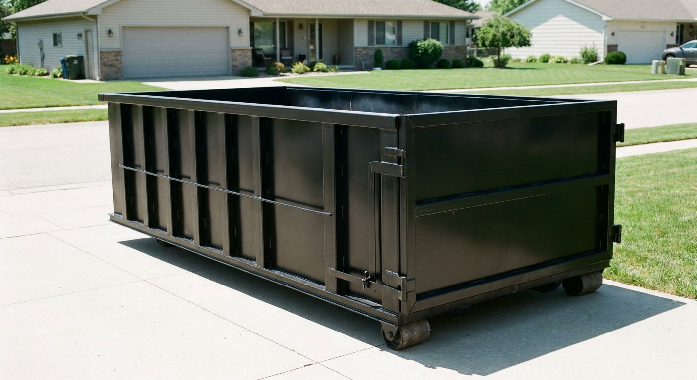 Matte-black 10-yard roll-off dumpster on a residential concrete driveway in Bolingbrook, uniformly painted matte black across every panel and rail, ribbed steel sidewalls and rear swing door visible, mid-day daylight.