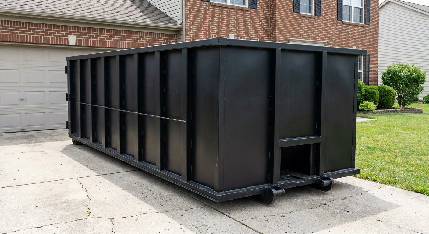 Matte-black 20-yard roll-off container on a Bolingbrook residential concrete driveway with reinforced ribbed steel sidewalls and a hinged rear walk-in door, clean bright daylight.