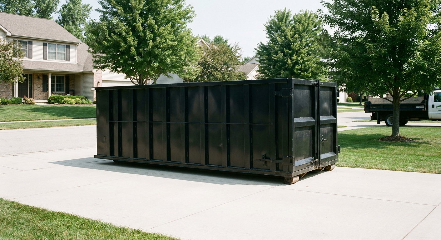 Matte-black 20-yard roll-off dumpster sitting level on a clean Bolingbrook residential concrete driveway under bright daylight, demonstrating clean placement directly on the concrete.