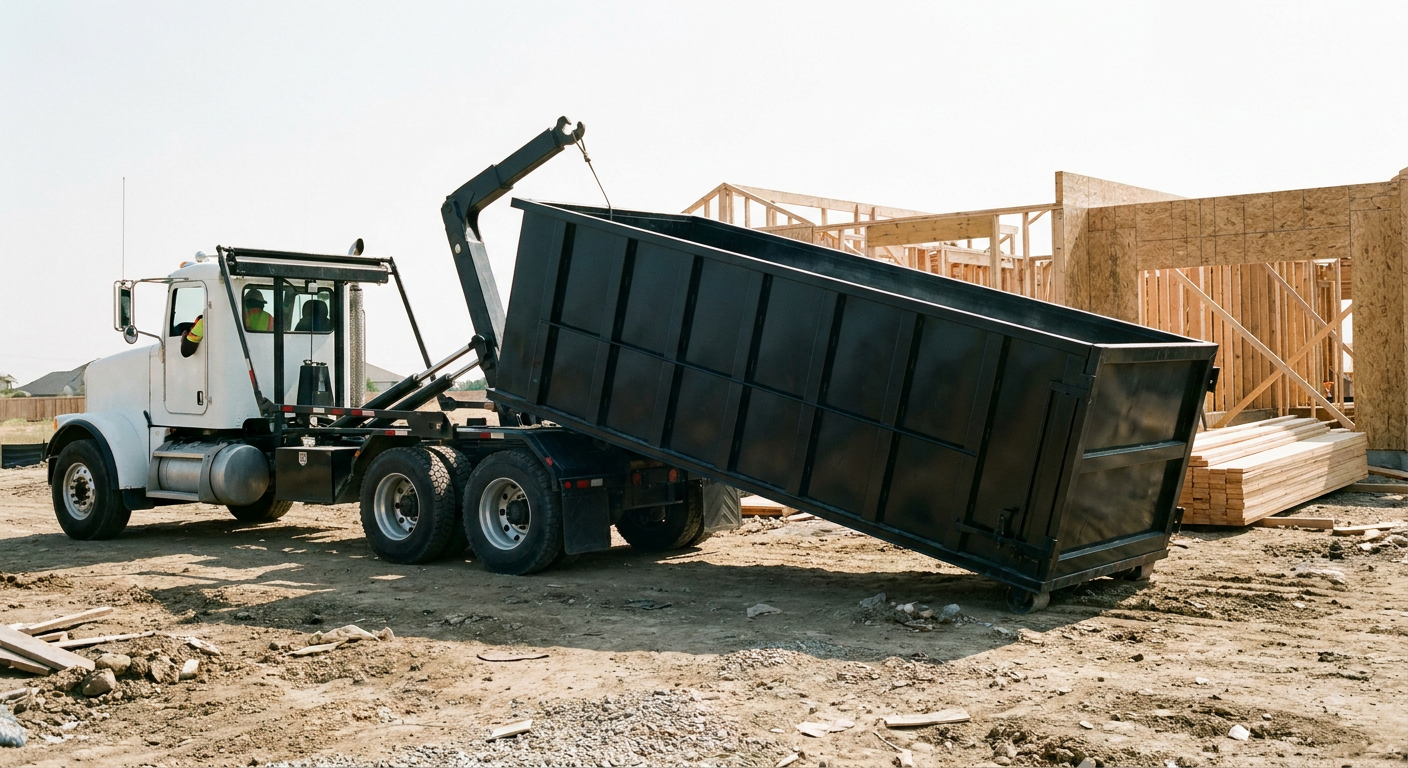 Matte-black roll-off dumpster being delivered onto a clean residential concrete driveway in Bolingbrook by an unmarked white hooklift hauler truck, bright morning daylight, documentary 35mm perspective.
