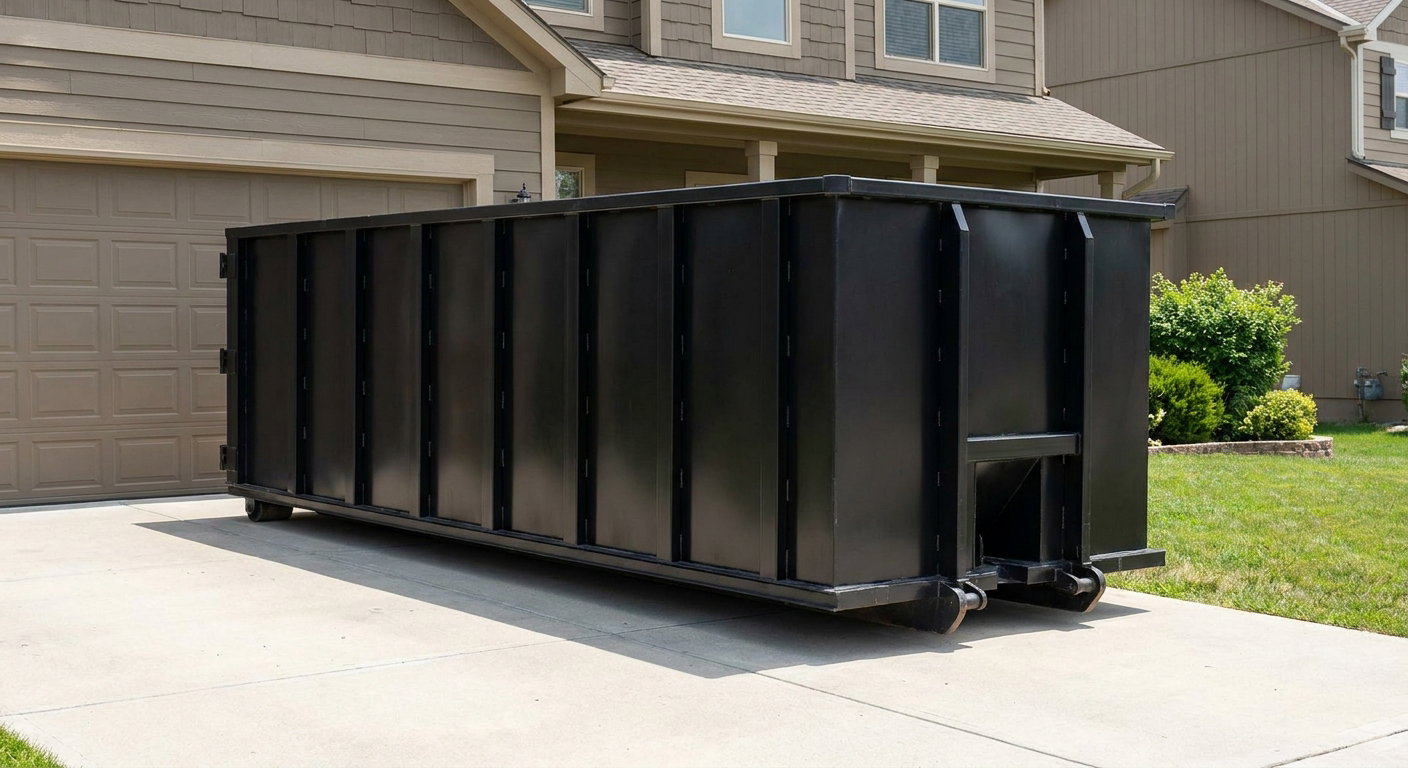 Matte-black residential roll-off dumpster sitting directly on a suburban Bolingbrook concrete driveway, garage door closed, single-family home in background, bright morning daylight.