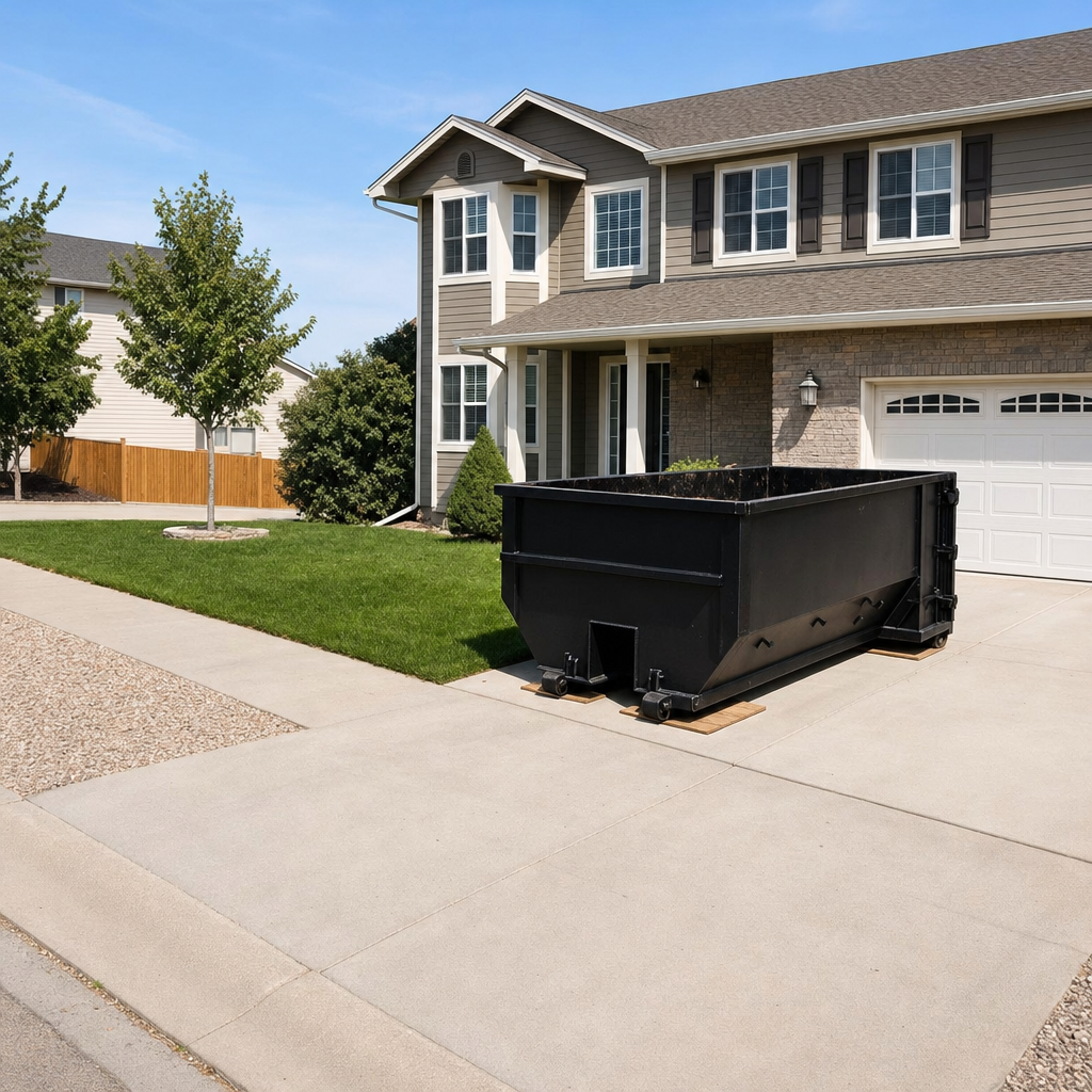 10-yard matte-black residential dumpster placed directly on a narrow Bolingbrook concrete driveway, room remains for a parked sedan beside it, mid-morning natural light
