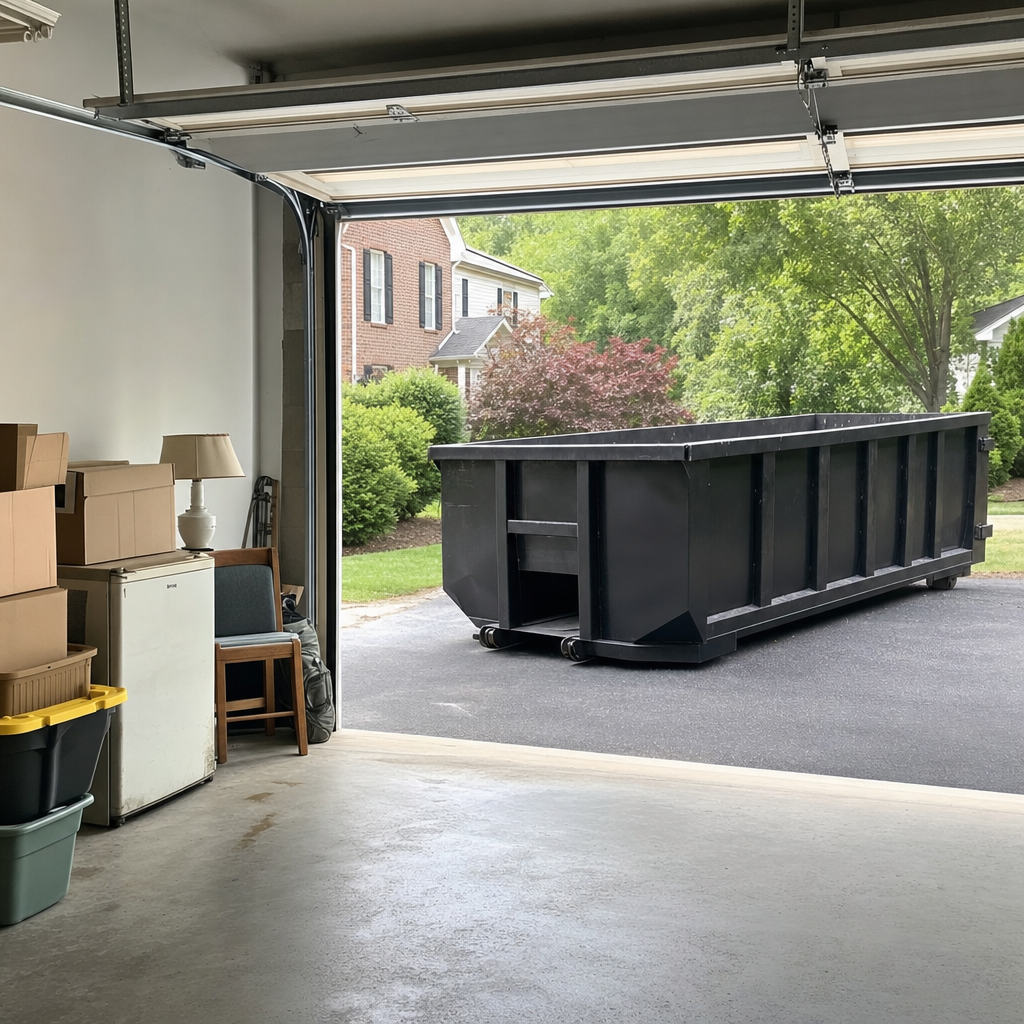 Open garage interior in a Bolingbrook home mid-cleanout — boxed items, an old appliance, and stacked yard tools queued near the driveway for a matte-black roll-off dumpster, organized and calm