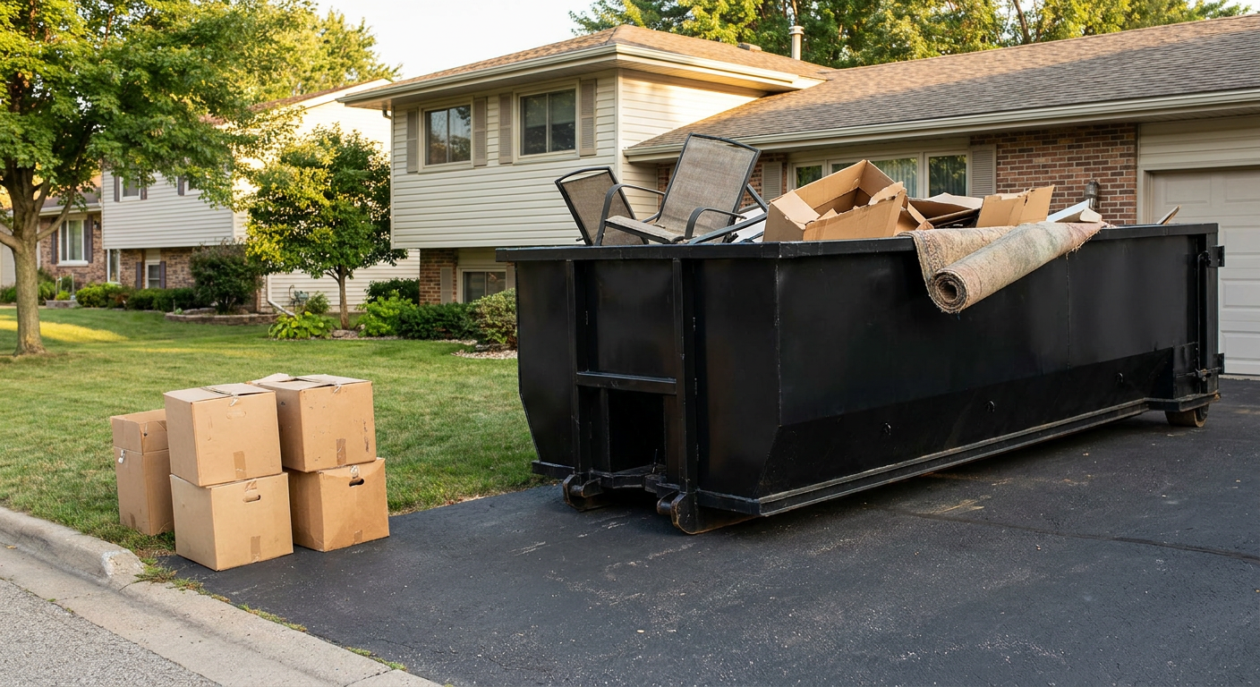 Front-yard view of a Bolingbrook split-level home with a 20-yard matte-black roll-off dumpster sitting directly on the asphalt driveway, a few clearly labeled donation boxes staged at the curb, calm sunny afternoon.