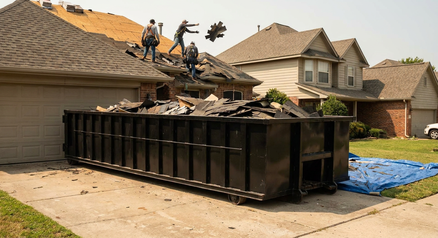 Matte-black roofing roll-off dumpster placed directly on a Bolingbrook residential concrete driveway, a tear-off crew on a two-story asphalt-shingle roof tossing shingle bundles into the low-walled container, bright daylight, documentary 35mm perspective.