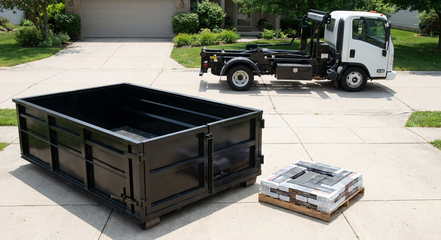 Matte-black 15-yard roofing roll-off dumpster with reinforced low side walls sitting directly on a Bolingbrook residential concrete driveway, three-tab asphalt shingle bundles stacked nearby, an unmarked white hauler truck partially visible at the edge of the frame.