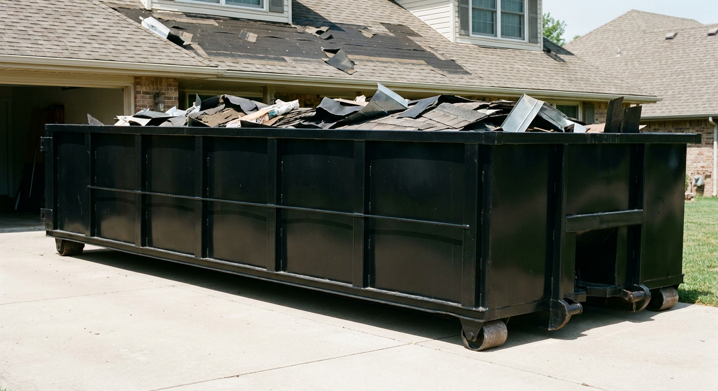 Matte-black 20-yard roofing roll-off dumpster with steel ribbed sides and swinging rear door, sitting directly on the concrete driveway of a two-story Bolingbrook home, asphalt shingle debris being loaded over the low wall, clean documentary lighting.