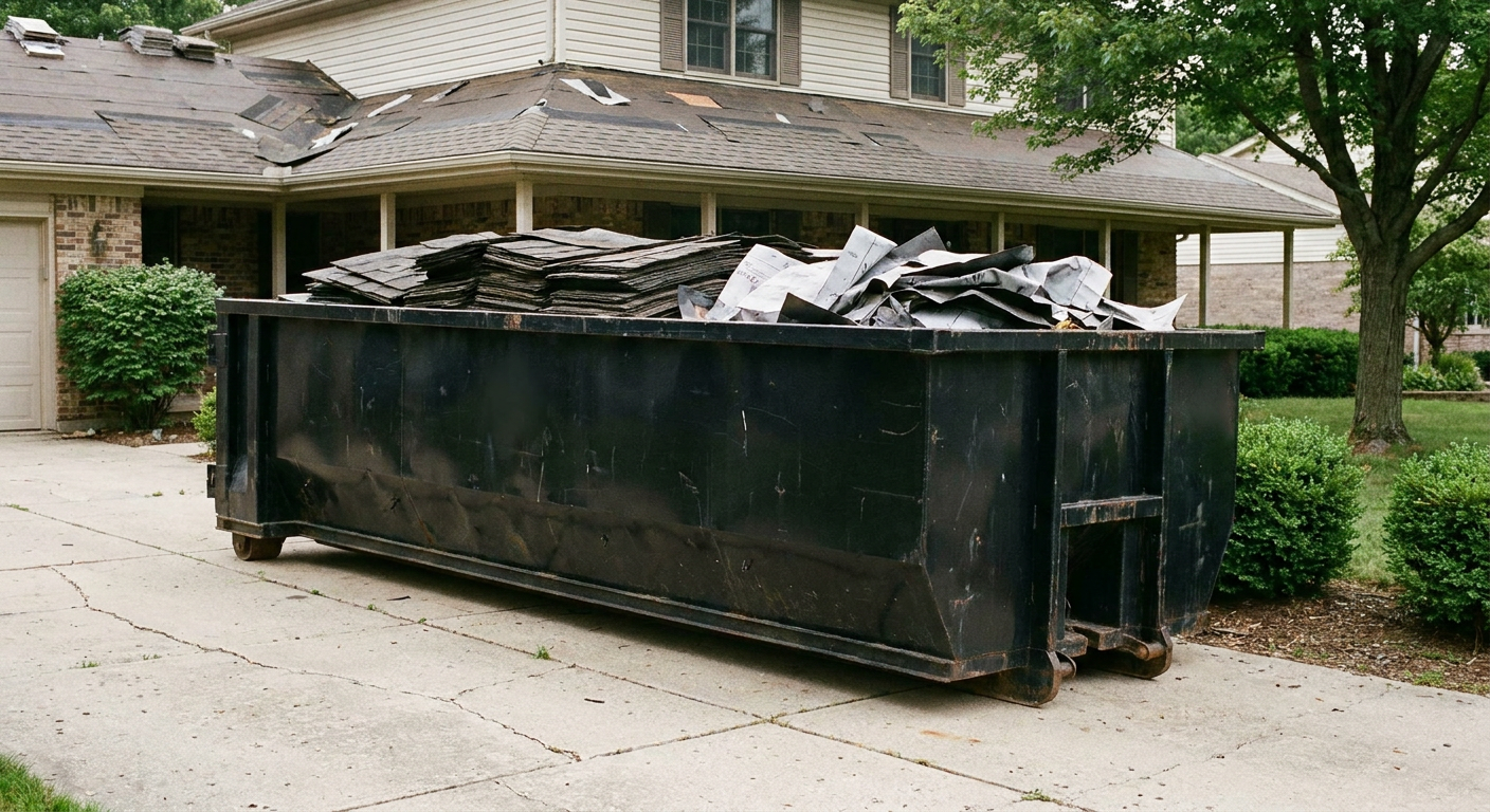 Matte-black 30-yard roofing roll-off dumpster sitting directly on a Bolingbrook concrete driveway, taller ribbed steel side panels, mixed tear-off debris of asphalt shingles and underlayment inside, professional documentary daylight.