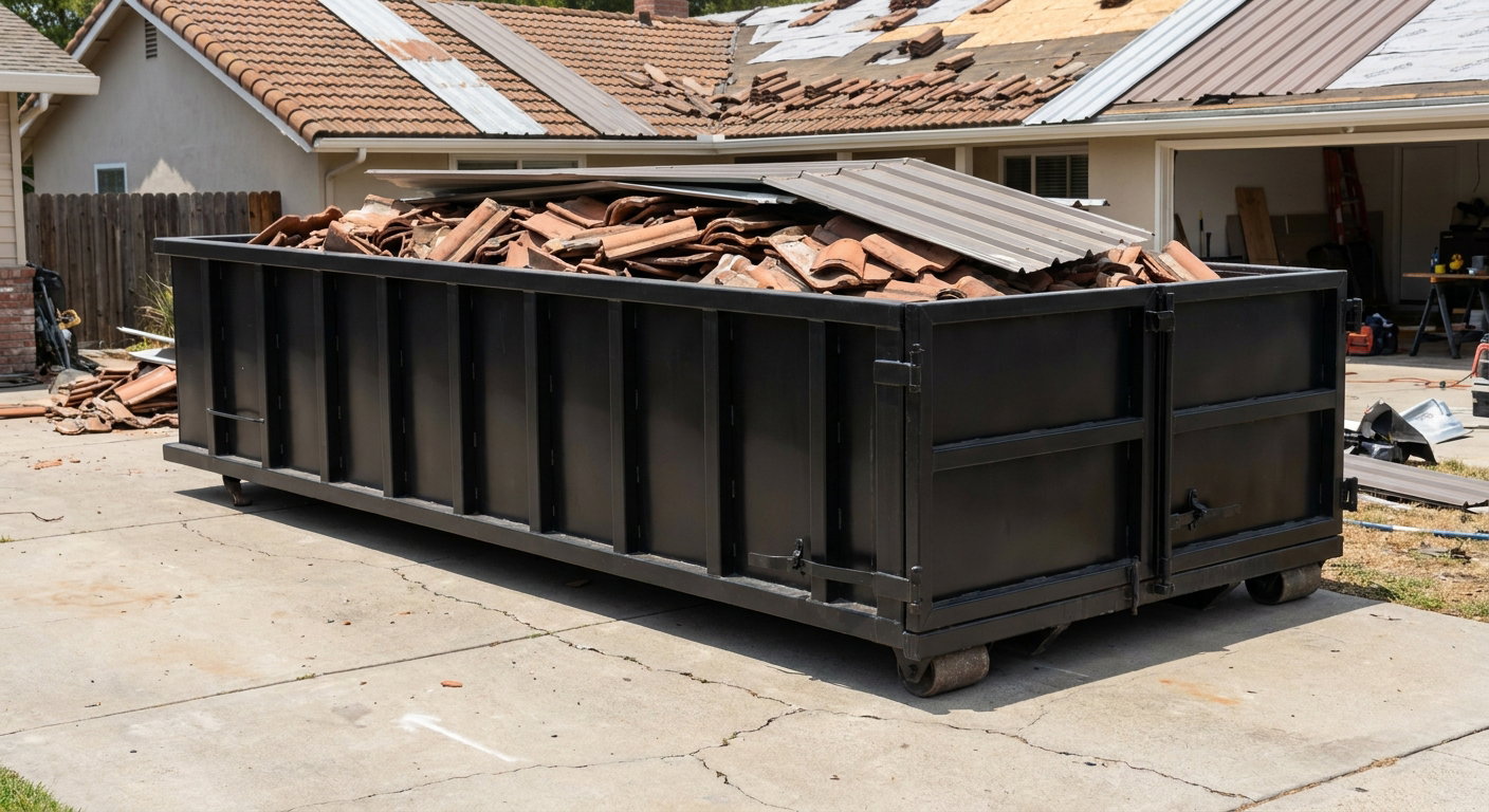 Matte-black low-wall heavy-debris roofing roll-off dumpster sitting directly on a Bolingbrook concrete driveway, broken concrete clay roof tiles and metal panel sections loaded inside, reinforced ribbed steel side walls visible, bright outdoor daylight.