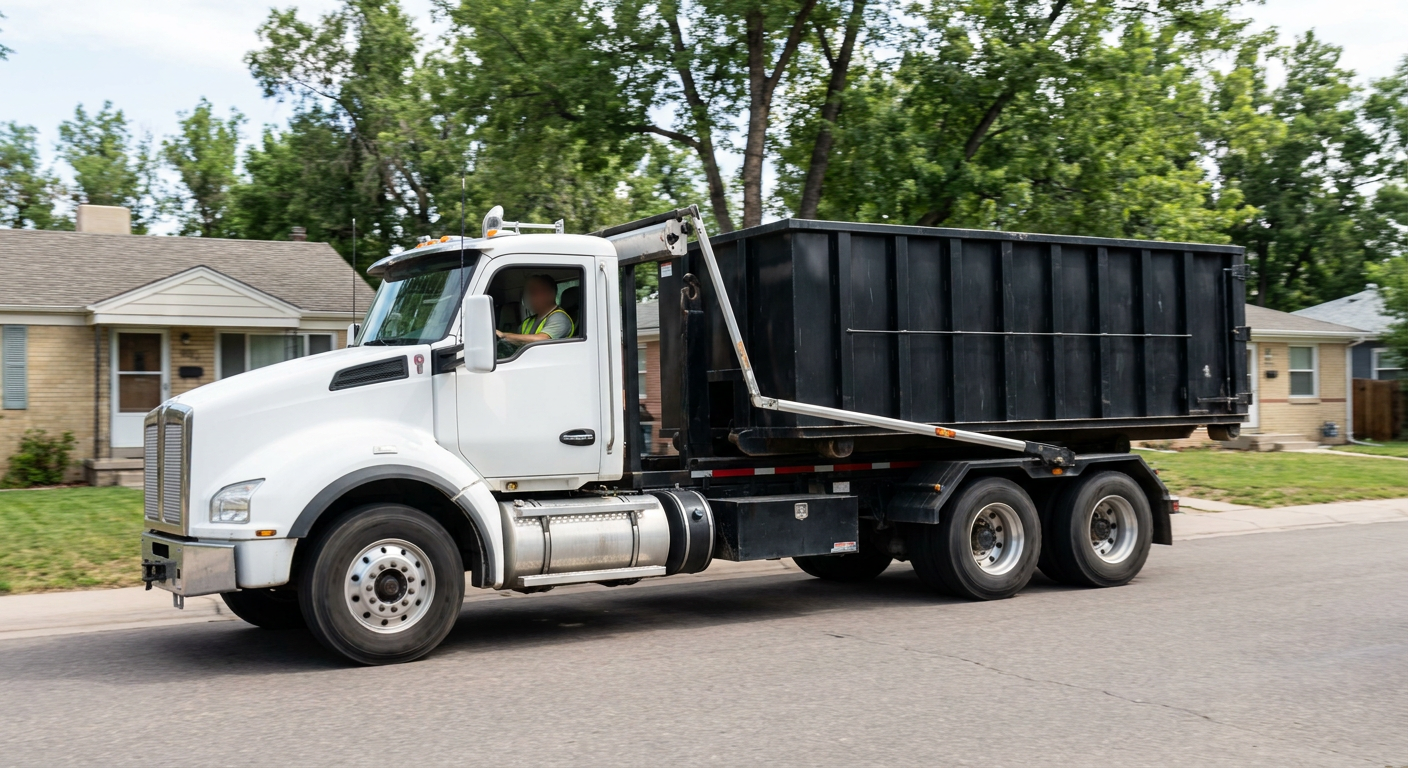 A wide documentary shot of a matte-black roll-off delivery truck pulling onto a quiet Bolingbrook residential street at mid-morning, with neighborhood rooftops and tree-lined blocks visible behind, showing the metro coverage footprint.