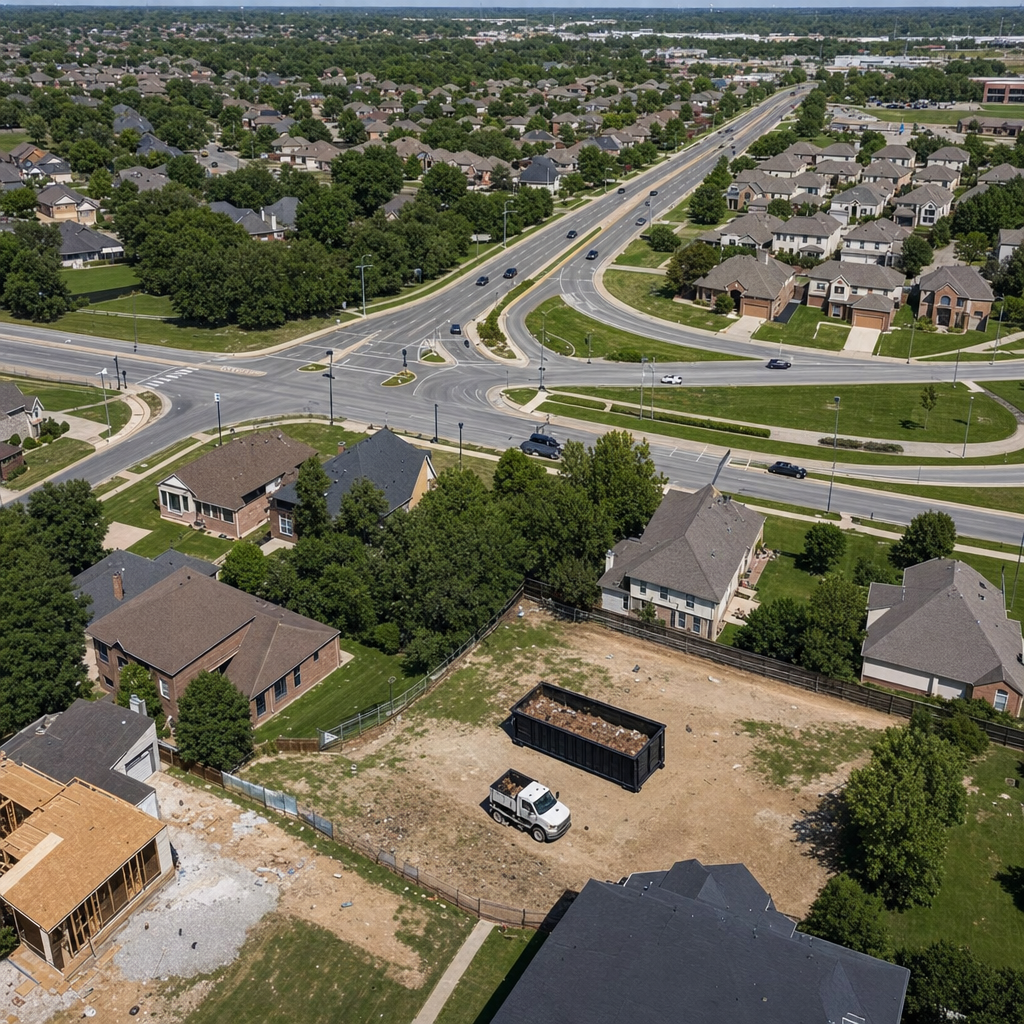 An overhead documentary view of the Bolingbrook metro area at midday, showing the spread of neighborhoods, arterial roads, and the dispatch radius from a central yard — clean daylight, organized geographic layout.