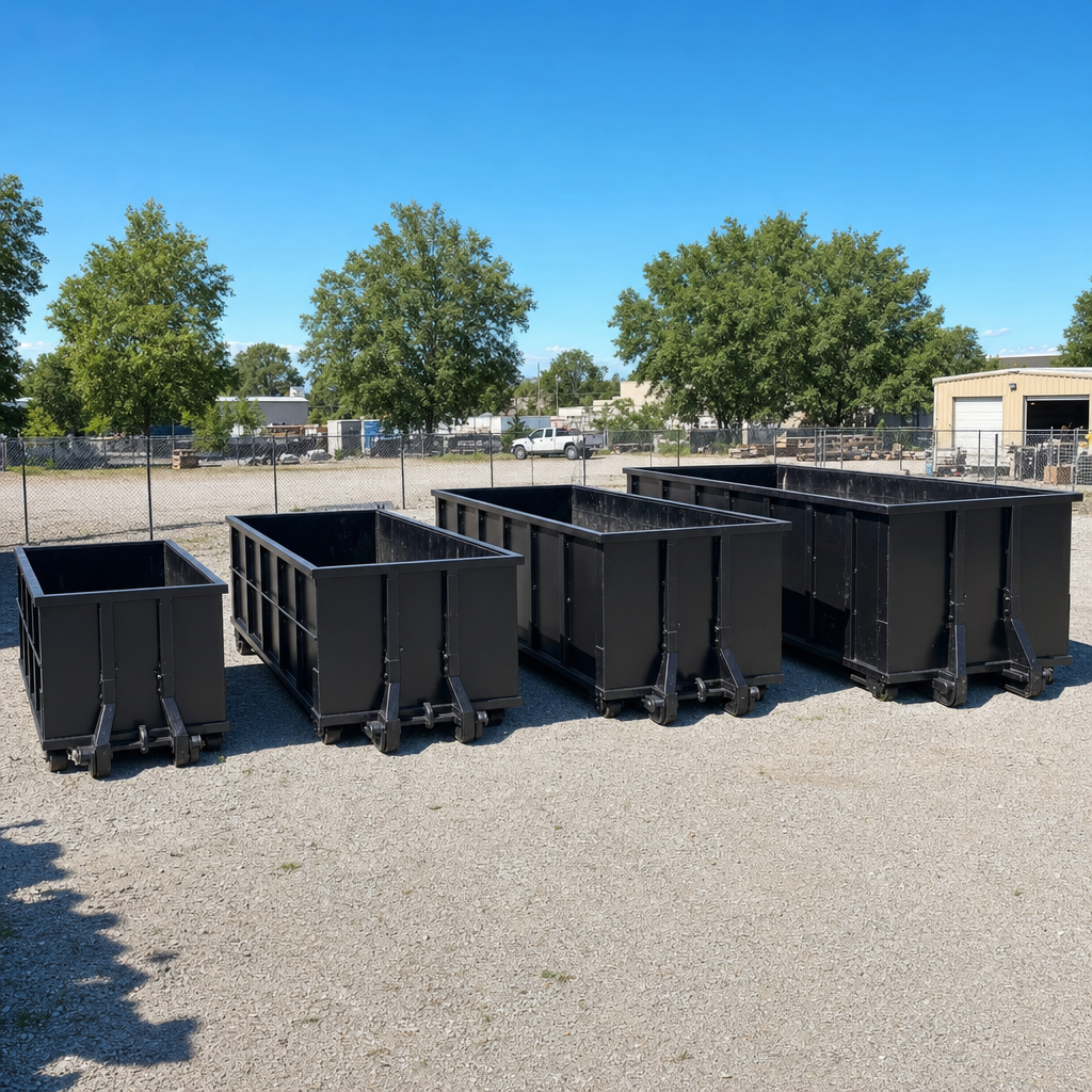 A clean lineup of matte-black roll-off dumpsters in 10, 20, 30, and 40-yard sizes staged on a sunlit gravel yard in Bolingbrook, showing the size progression from compact to commercial-scale containers.