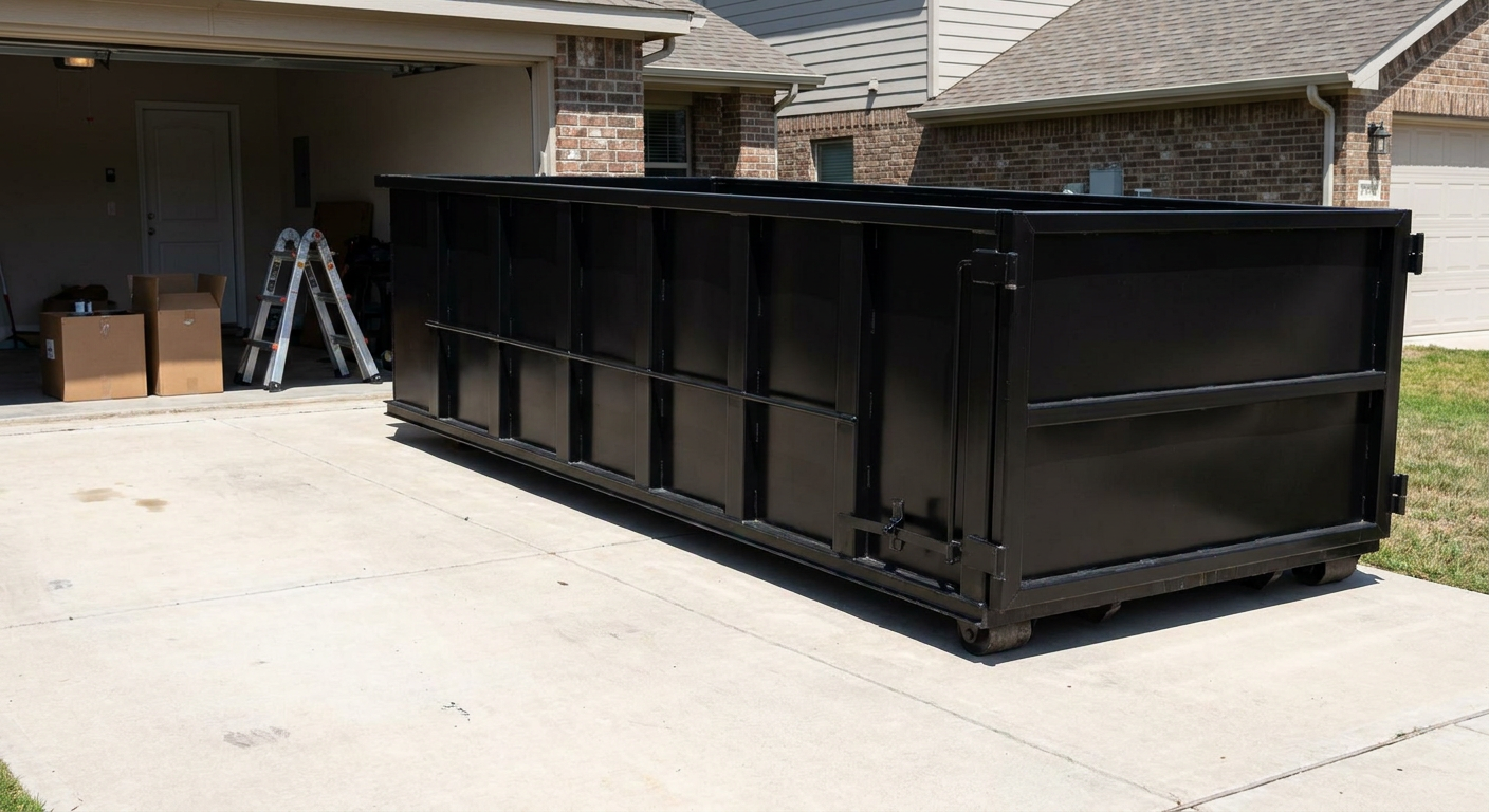 A matte-black 10-yard roll-off dumpster sitting directly on a residential Bolingbrook concrete driveway, mid-day sunlight, clean and ready for a garage cleanout.