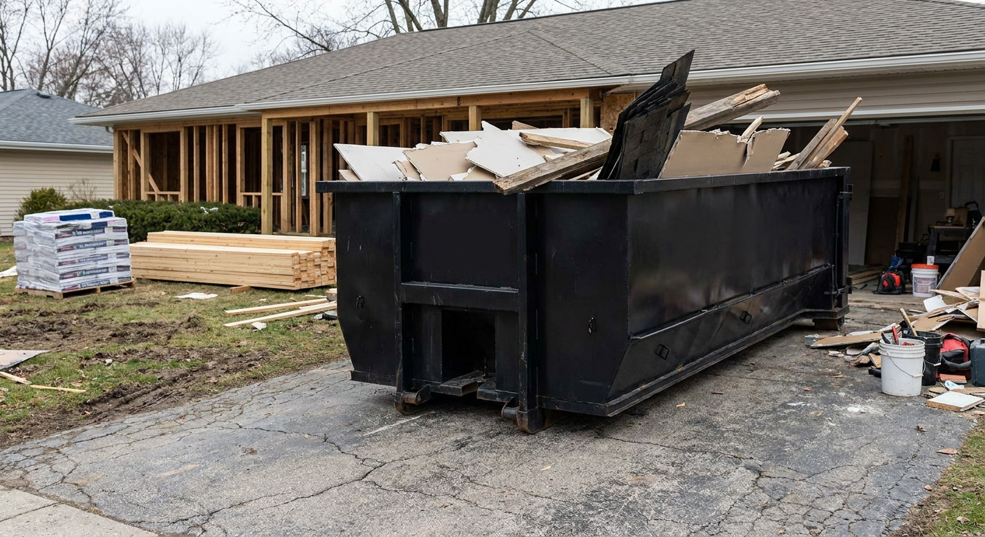 A matte-black 20-yard roll-off dumpster placed alongside a mid-renovation Bolingbrook home directly on the asphalt driveway, with framing materials and torn-off shingles staged neatly nearby.