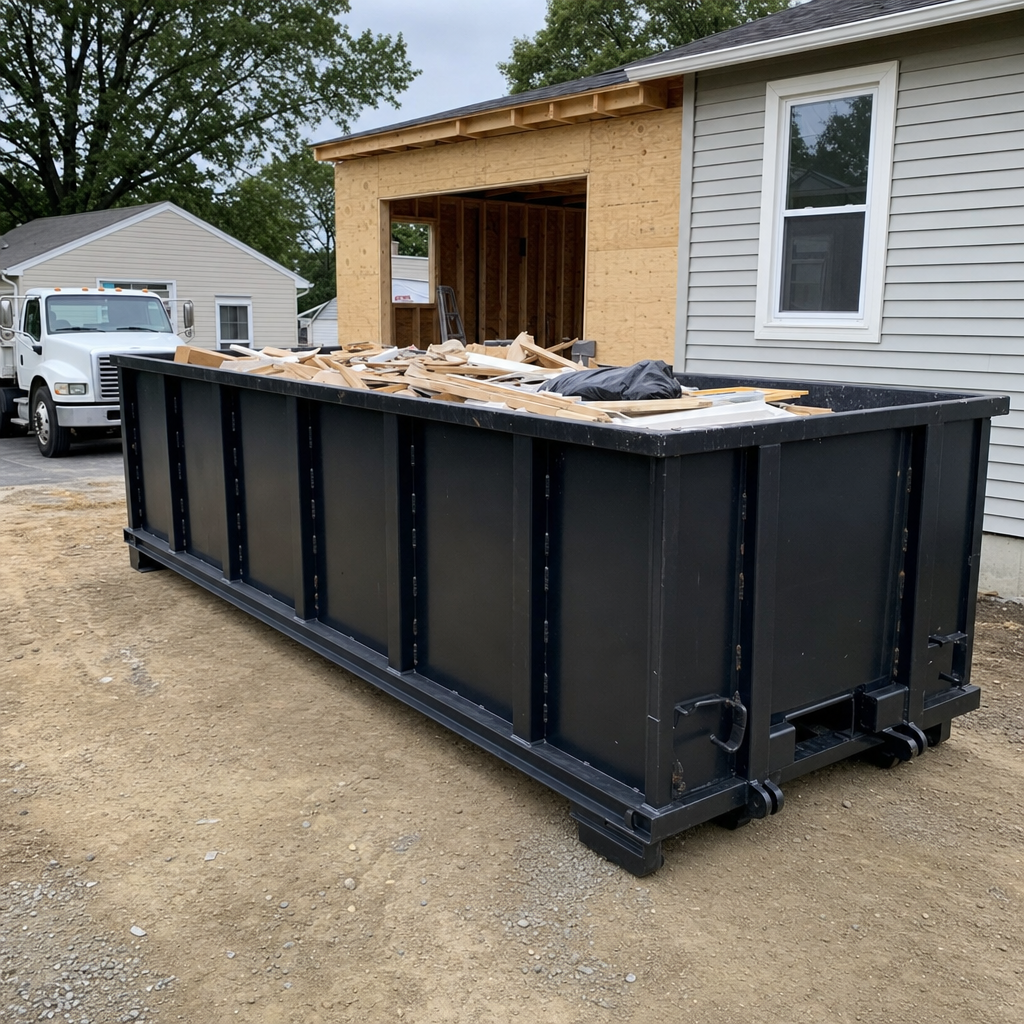 A matte-black 30-yard roll-off dumpster positioned at a Bolingbrook residential addition jobsite, with framing lumber and drywall scraps loaded through the open swinging rear doors.
