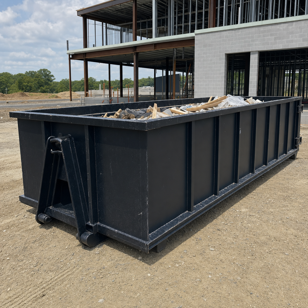 A matte-black 40-yard roll-off dumpster staged on a large Bolingbrook commercial construction lot, with a hooklift delivery truck parked alongside under bright midday sky.