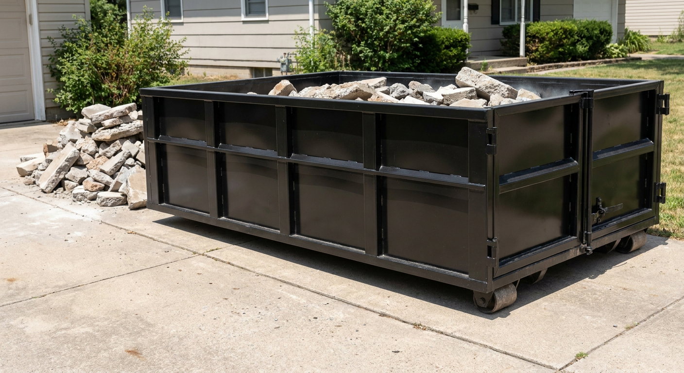 A matte-black low-side heavy-debris roll-off dumpster placed directly on a Bolingbrook concrete driveway, with broken concrete chunks neatly stacked beside it under clean daylight.